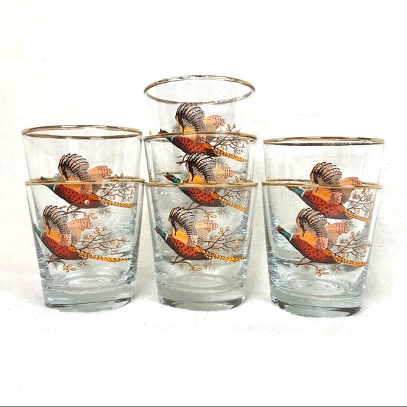 *SOLD* 7 vintage pheasant whiskey cocktail glasses wild game farmhouse barware - Picture 3 of 8